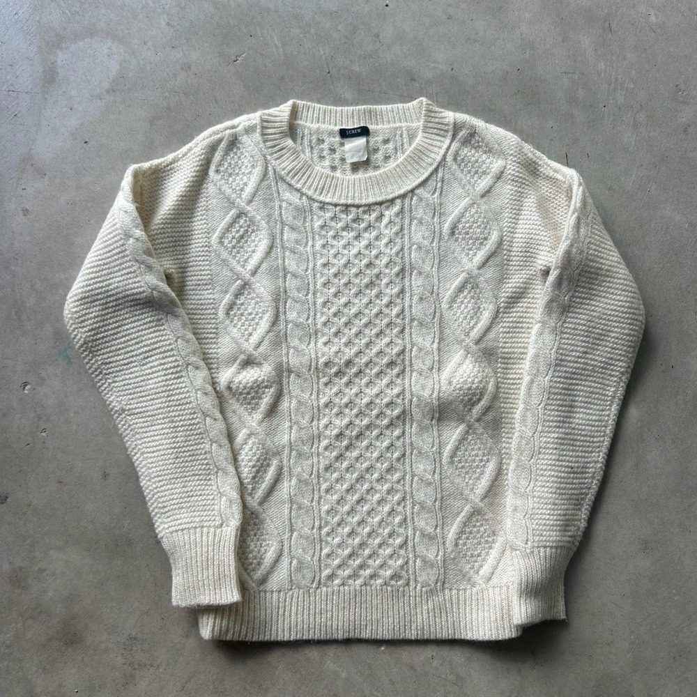 J.Crew Cream Cable Knit Wool Blend Sweater Mens XS Fisherman Aran Ivory